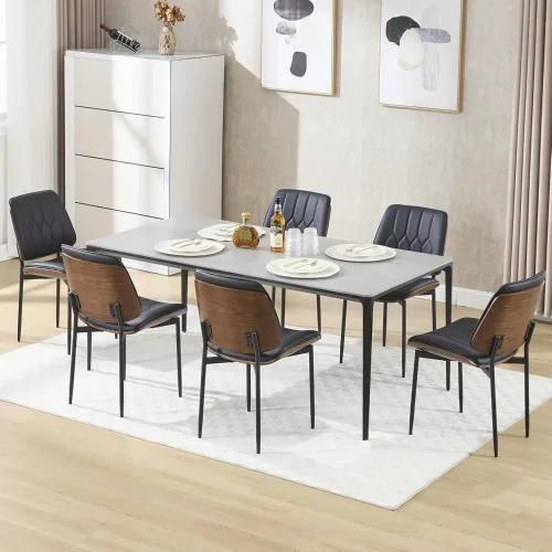 Mid Century Modern Dining Chairs Set of 6, Upholstered Pu Leather Armless Accent Chair with Walnut Bentwood Back