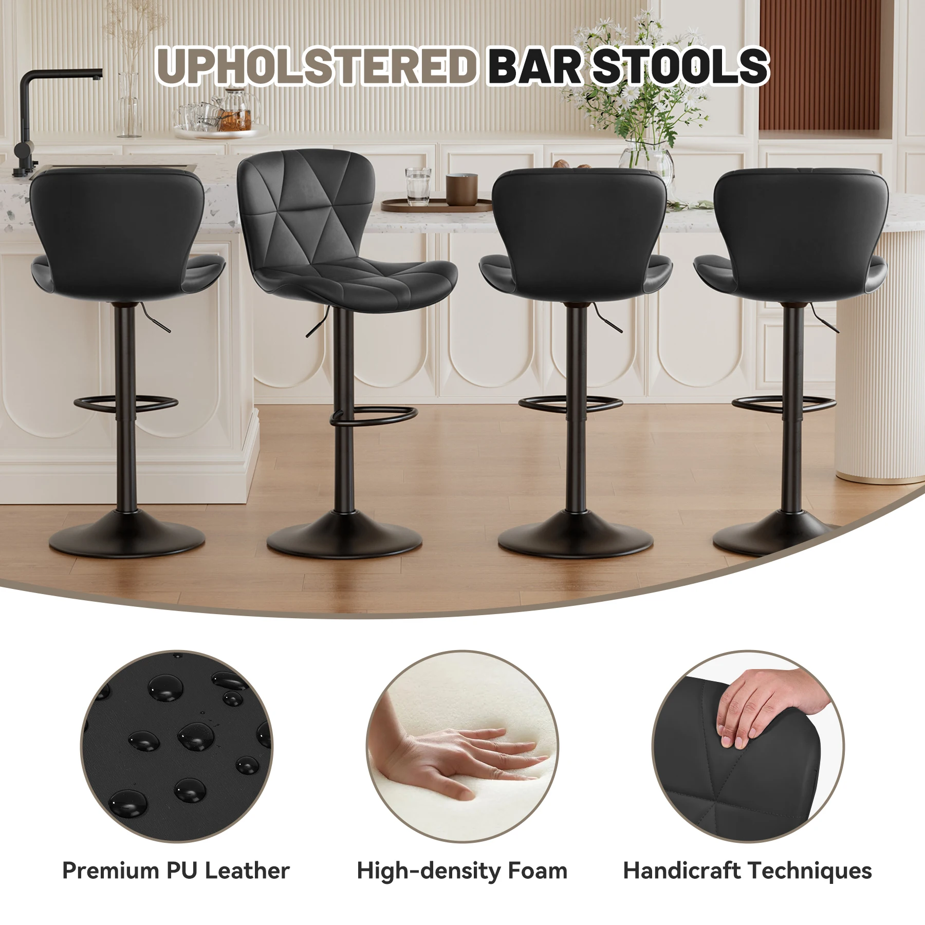 2 Pcs Bar Chair, 360 ° Rotation Adjustable Height, Faux Leather Upholstered with Backrest, Bar Furniture, for Dining Room, Kitchen - Image 3