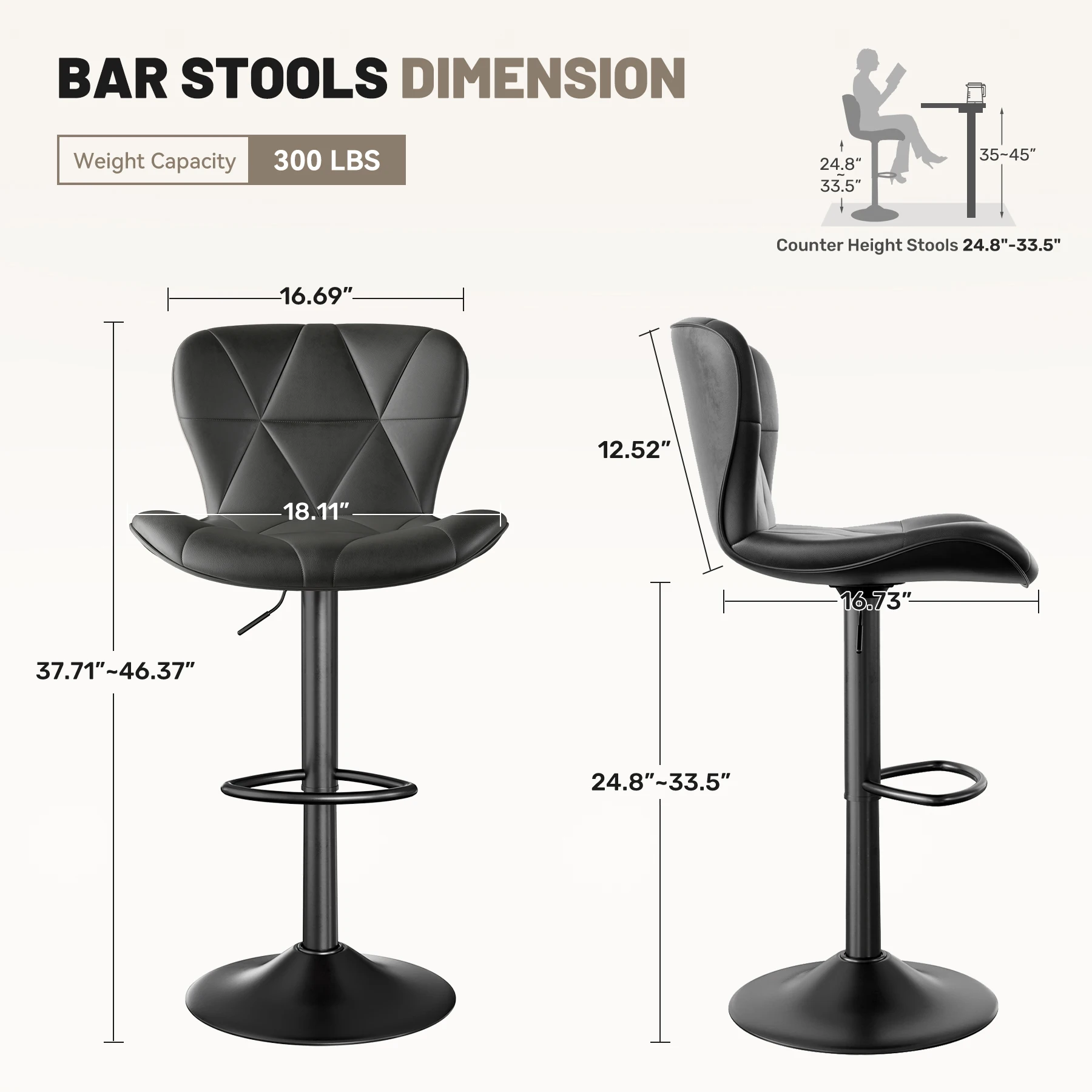 2 Pcs Bar Chair, 360 ° Rotation Adjustable Height, Faux Leather Upholstered with Backrest, Bar Furniture, for Dining Room, Kitchen - Image 2