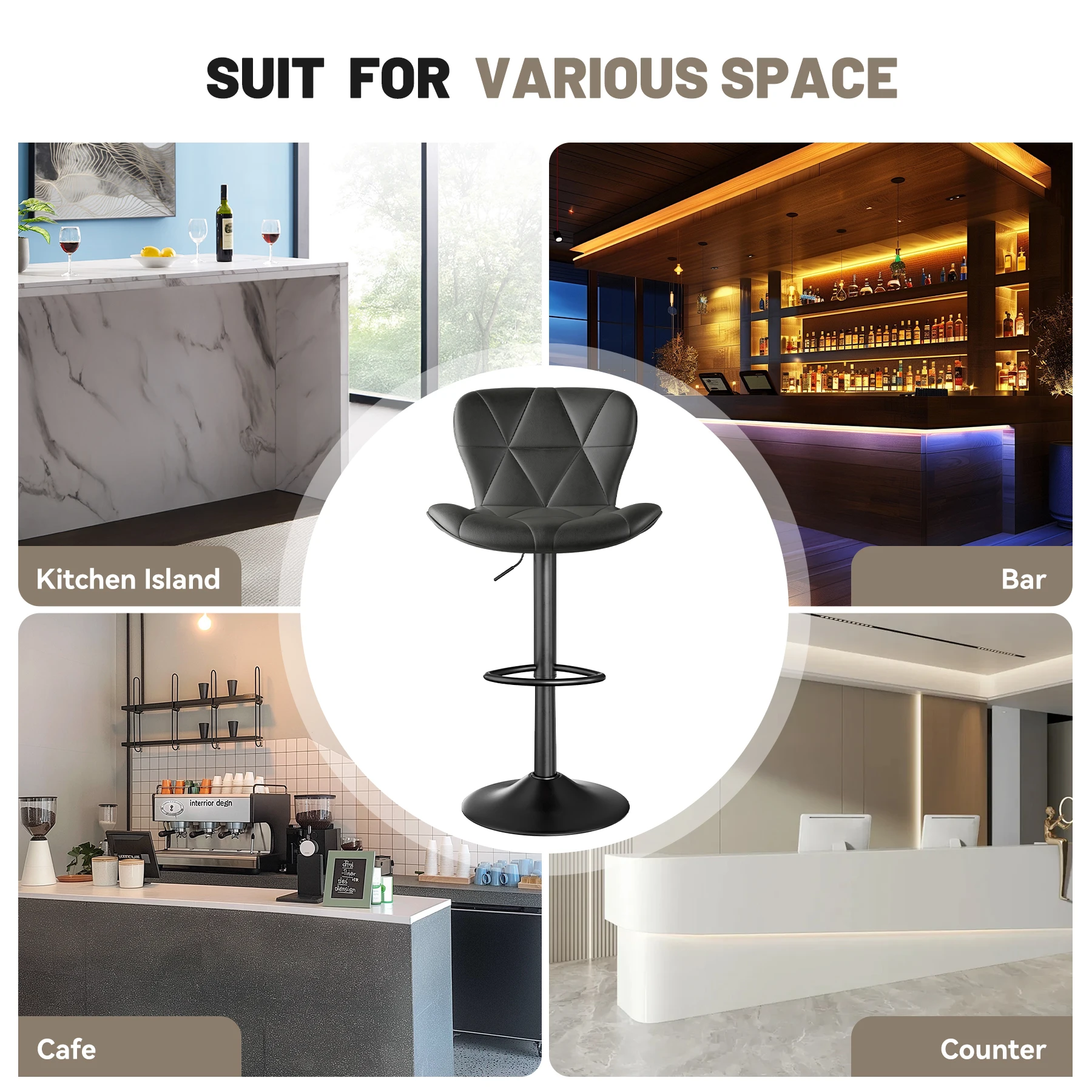 2 Pcs Bar Chair, 360 ° Rotation Adjustable Height, Faux Leather Upholstered with Backrest, Bar Furniture, for Dining Room, Kitchen - Image 6