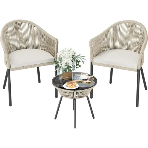 Patio Furniture Set 3 Pieces Rope Woven Bistro Set Outdoor Conversation Set with 2 Wide Chairs,Cushions and Tempered Glass Tabl