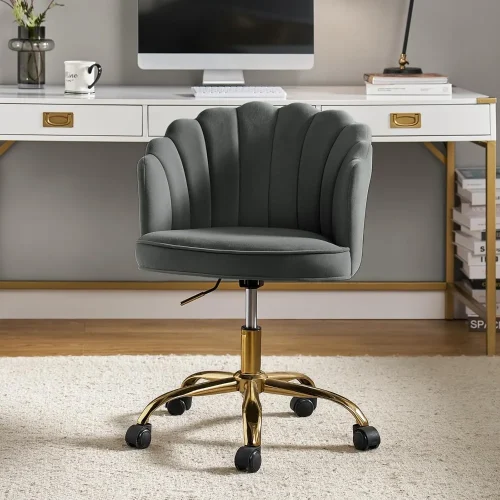 Velvet Home Office Desk Chair, Modern Upholstered Swivel Computer Task Chair with Shell Back & Gold Base, Height Adj